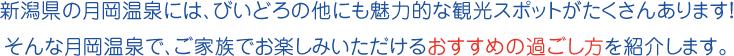 新潟県の月岡温泉には、びいどろの他にも魅力的な観光スポットがたくさんあります！そんな月岡温泉で、ご家族でお楽しみいただけるおすすめの過ごし方を紹介します。