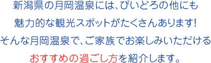 新潟県の月岡温泉には、びいどろの他にも魅力的な観光スポットがたくさんあります！そんな月岡温泉で、ご家族でお楽しみいただけるおすすめの過ごし方を紹介します。